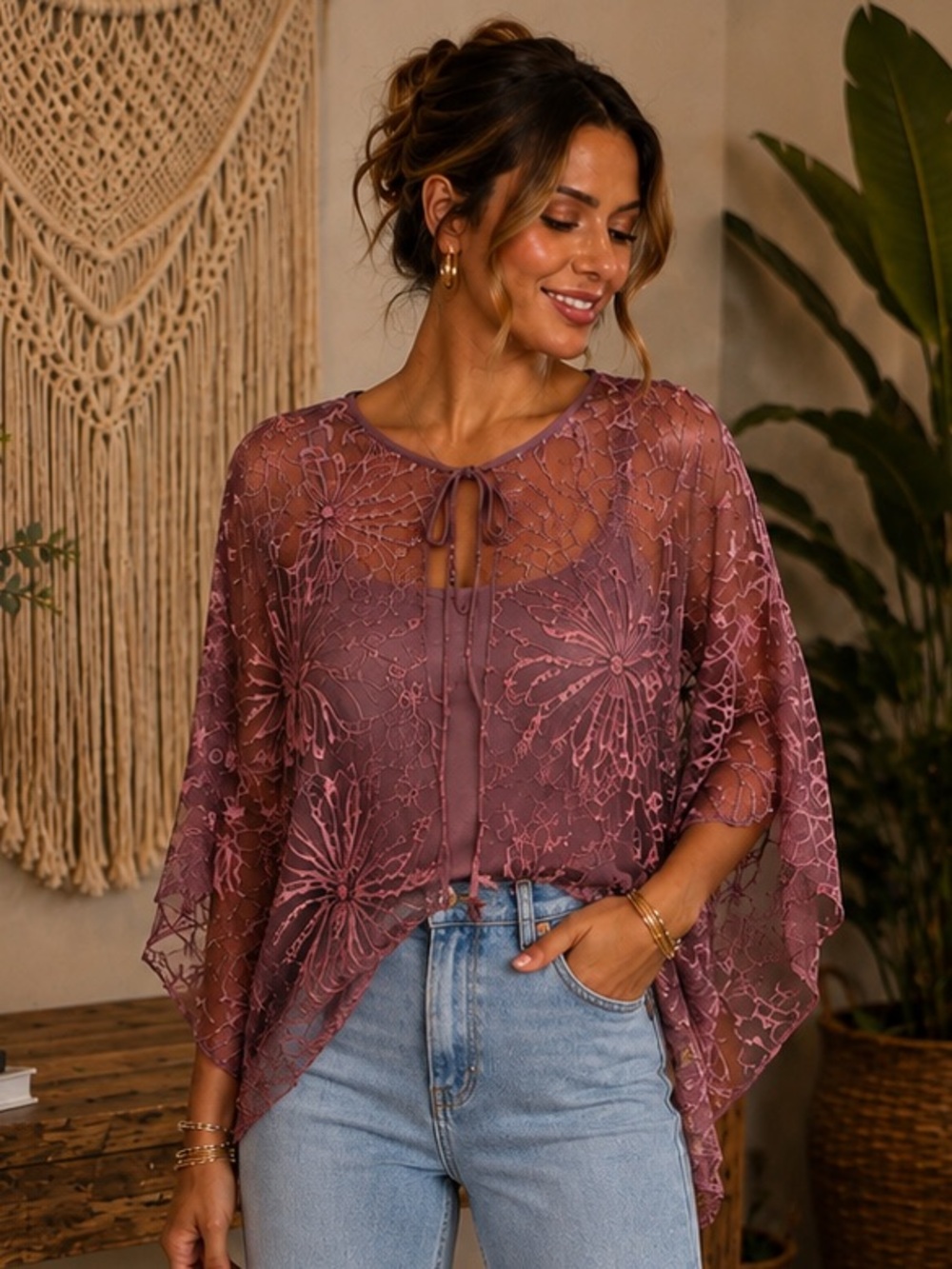 NWT Pretty Angel Mauve Lace Overlay Silk Blend Top One Size